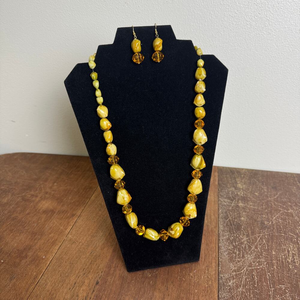 Artisan Handmade Large Resin Dyed Yellow Beaded 25 inch Necklace & Earring set